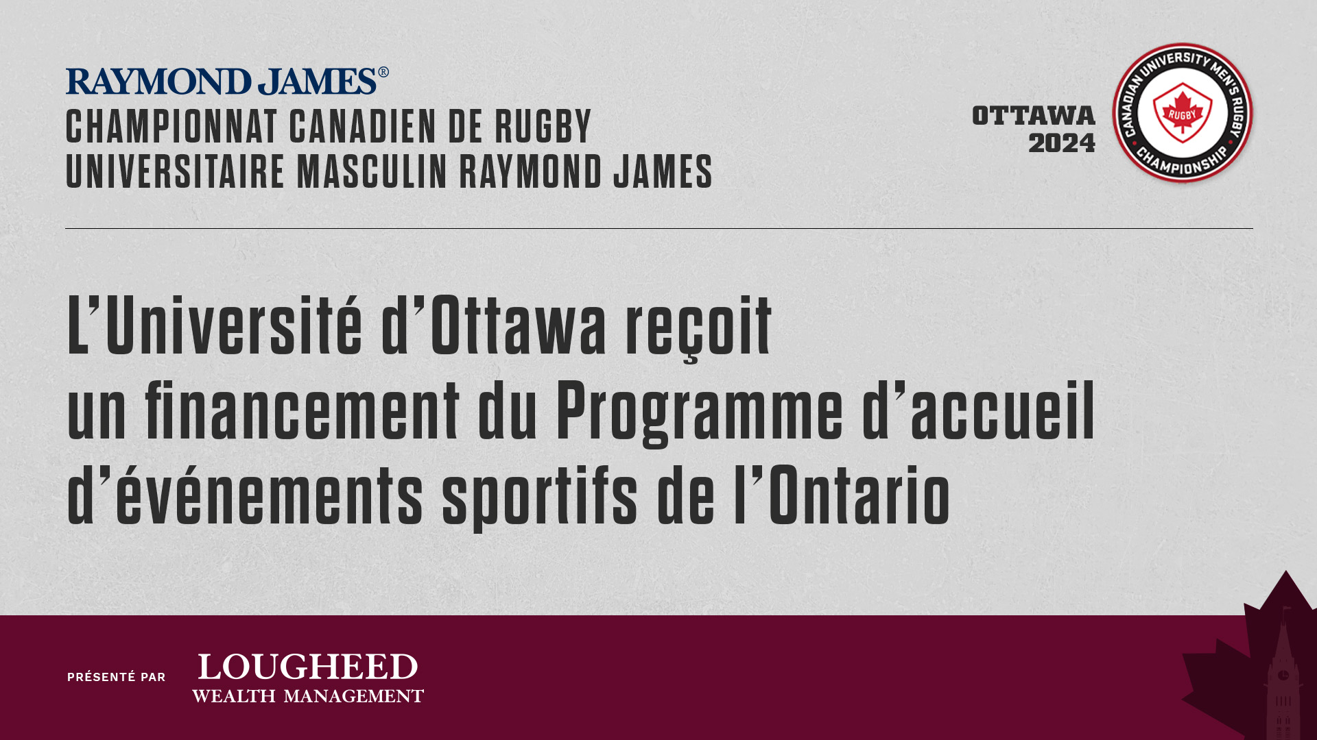 L&rsquo;Universit&eacute; d&rsquo;Ottawa re&ccedil;oit un financement du Programme d&rsquo;accueil d&rsquo;&eacute;v&eacute;nements sportifs de l&rsquo;Ontario en vue du Championnat canadien de rugby universitaire masculin&nbsp;2024 Thumbnail