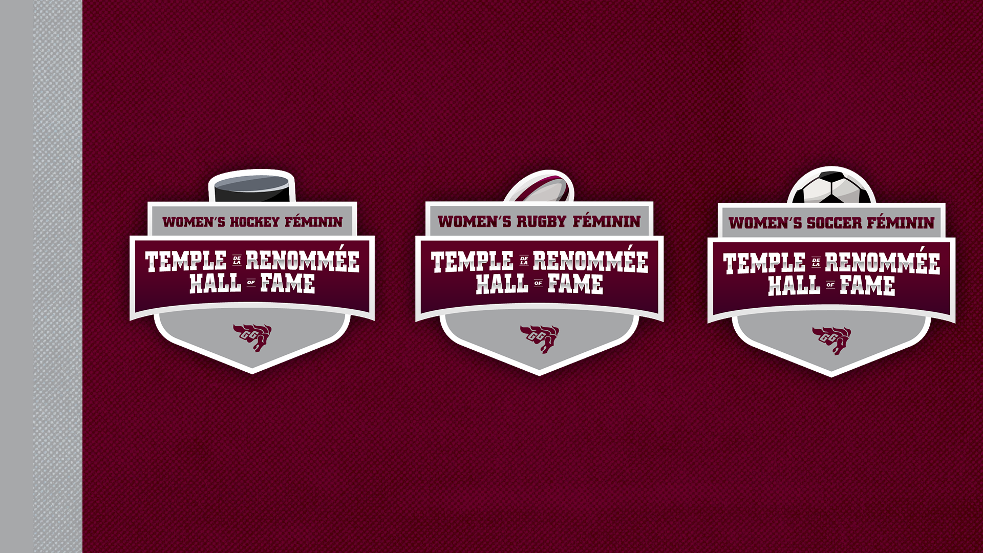 Trois logos des temples de la renommée du soccer, du rugby et du hockey féminins des Gee-Gees Thumbnail